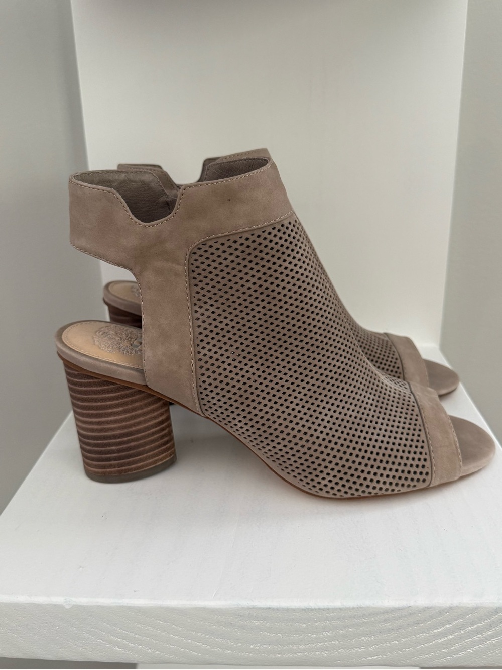Vince Camuto Taupe Perforated Open-Toe Block Heel Sandals